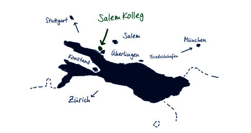 Gesketchte Grafik des Bodensees mit der Position des Salem Kollegs und weiteren Städten