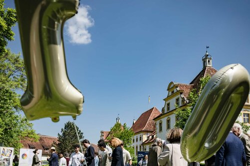 Luftballons vor dem Garten des Schloss Salems an einem sonnigen Tag. 